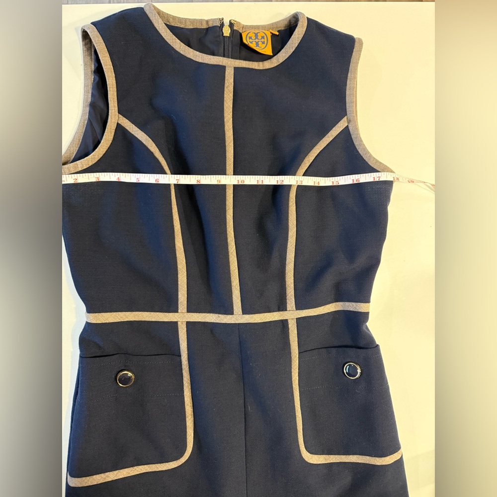 Tory Burch Elegant Navy Blue Sleeveless Sheath Dress‎ Beige Trim Detail Size 6 - Picture 8 of 10